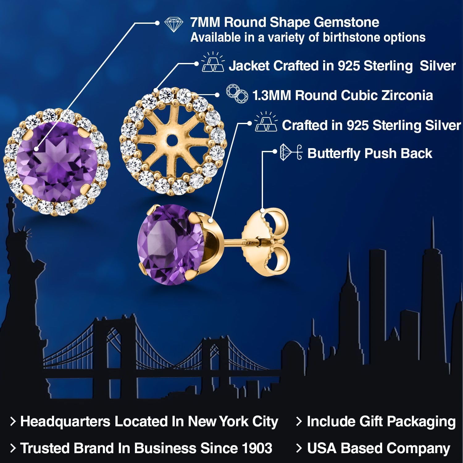 Gem Stone King 18K Yellow Gold Plated Silver Stud Earrings with Removable Jackets | Gemstone Birthstone | Round 7MM | Gold Earrings For Women