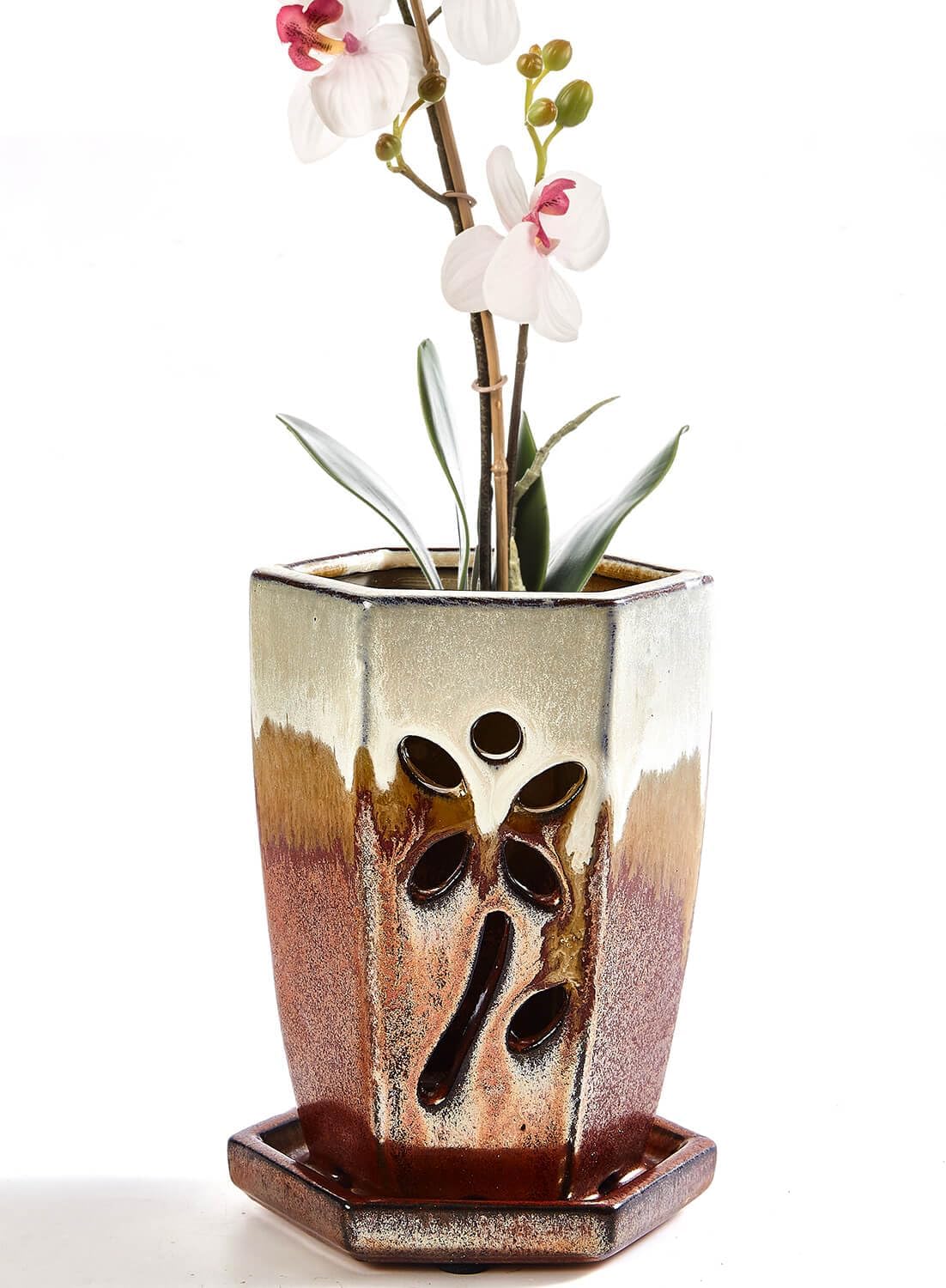 vensovo 4 Inch Ceramic Orchid Pots with Holes and Saucers - 1 Pcs Small Hexagon Succulent Pot for Repotting, Garden Flowerpots for Plants Indoor and Outdoor Promotes Air Circulation, (Brown Mixed)