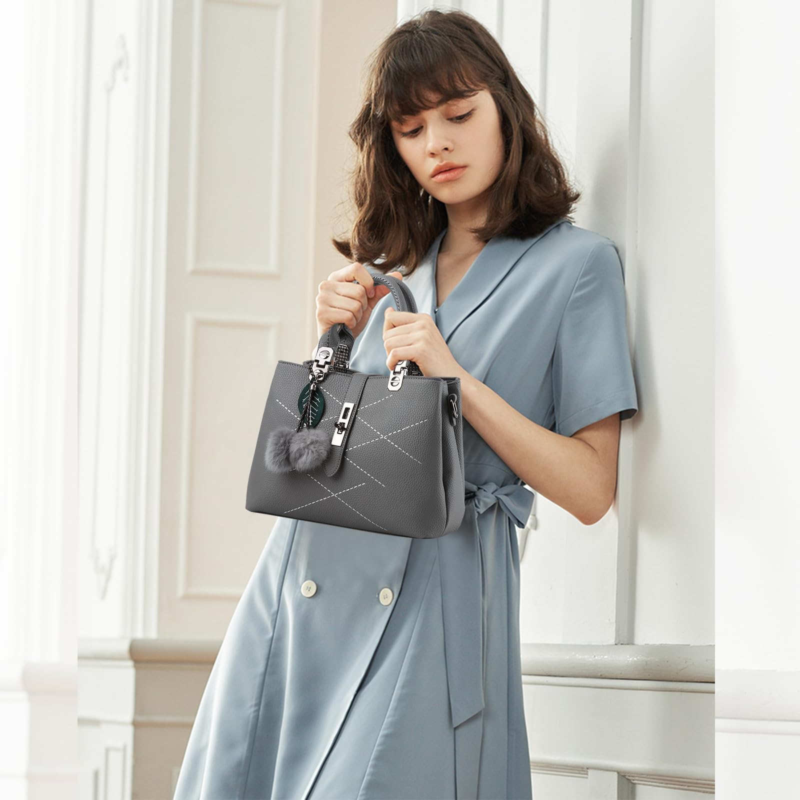 NICOLE & DORIS 2024 Nouveau Sac à Main Femme Sacs Portés Main Mode Sac Bandoulière Élégant Sac Epaule Sacoche Femme Sac à Poignée Supérieure avec Pom Poms