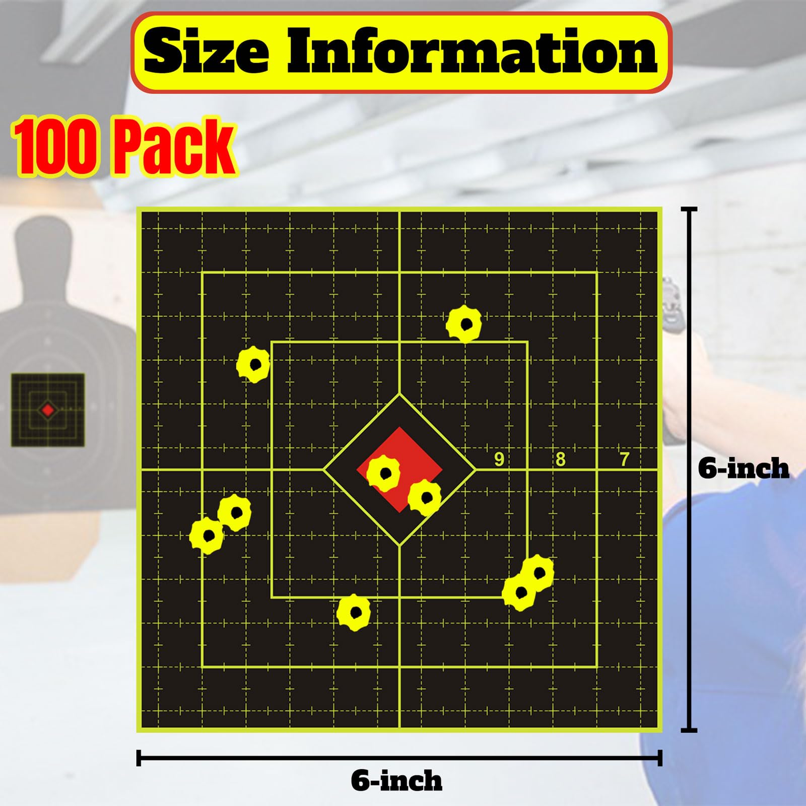 LikeLety 6 Inch 100 Pack Splatter Targets, Adhesive Shooting Target Stickers with Yellow Effect for BB Gun, Pellet Gun, Airsoft, Pistol, Rifle Shooting Practice, Square