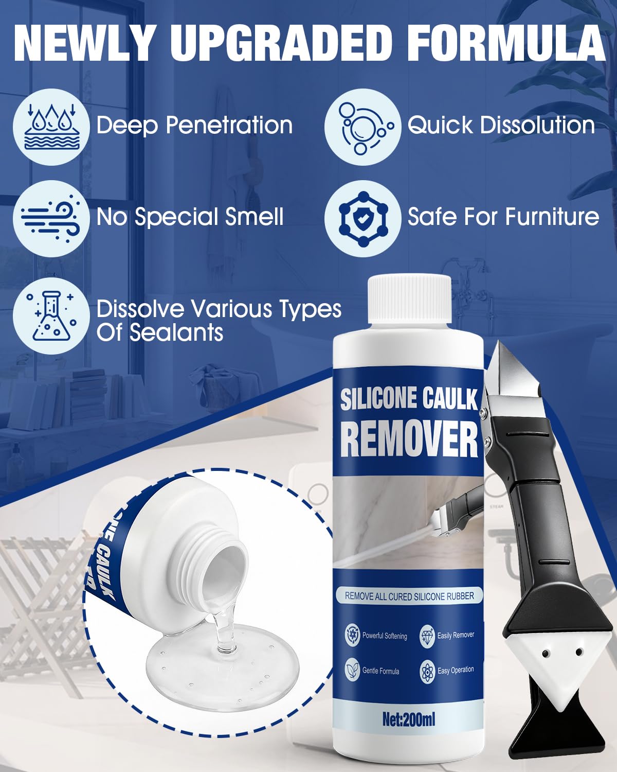 Caulk Remover, Silicone Caulk Remover, Stronger and Specialized Formula, Safer Around Family, with 3 in 1 Remove Scraper, Easily Remove from Surfaces Like Bathtubs, Showers, Windows, Kitchens, 200ml