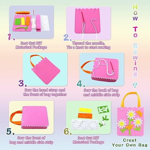 Miniatura 4 de Rtudan Kit de costura para niños, incluye 6 bolsas de costura cruzadas, 1 tijeras de manualidades, 1 hermosa bolsa de regalo, aprende a coser