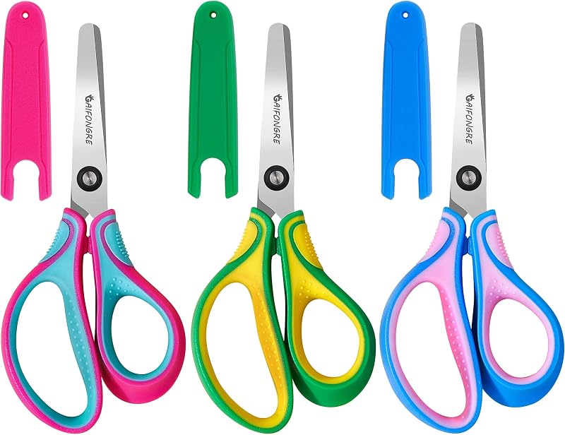 Kids Safety Scissors Ages 5-12 for School, 6" Soft Comfort Grip 3-Pack | Right-Handed, Blunt Tip With Protective Cover, Stainless Steel ,Ideal for School Projects, Home Crafts & Classroom Cutting