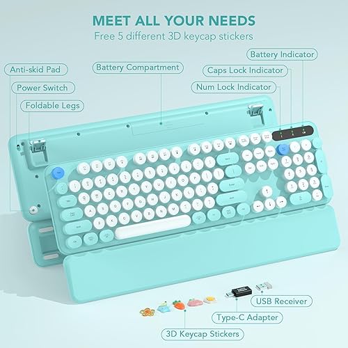 Miniatura 9 de Teclado inalámbrico, teclas redondas, teclado de máquina de escribir retro con reposamuñecas desmontable, modo de sueño, patas plegables, teclado