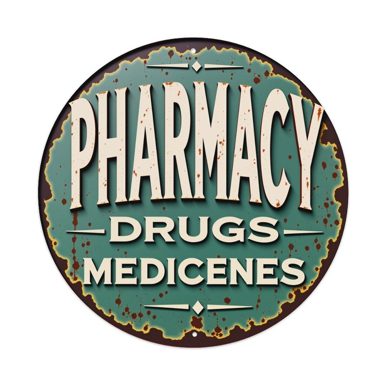 Pharmacy Drugs Medicines Sign Vintage Round Tin Sign Vintage Style Metal Sign Home Bar Garden Wall Plaque Decor Metal Poster 8x8 Inch