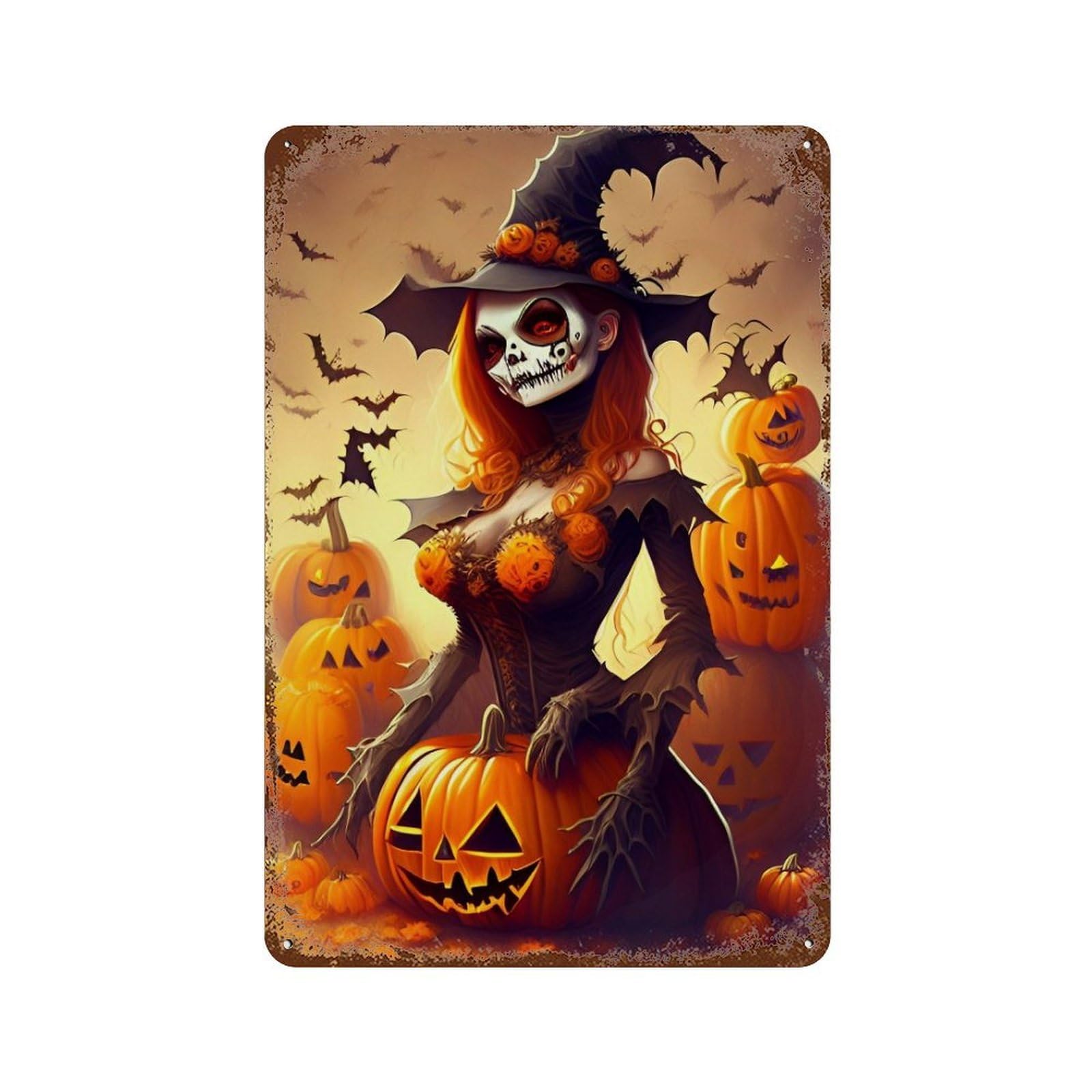 Garage Style Halloween Witch with Pumpkins-1 Rustic Tin Plaque 11.8"x7.9", Farmhouse Wall Decor for Bar And Workshop