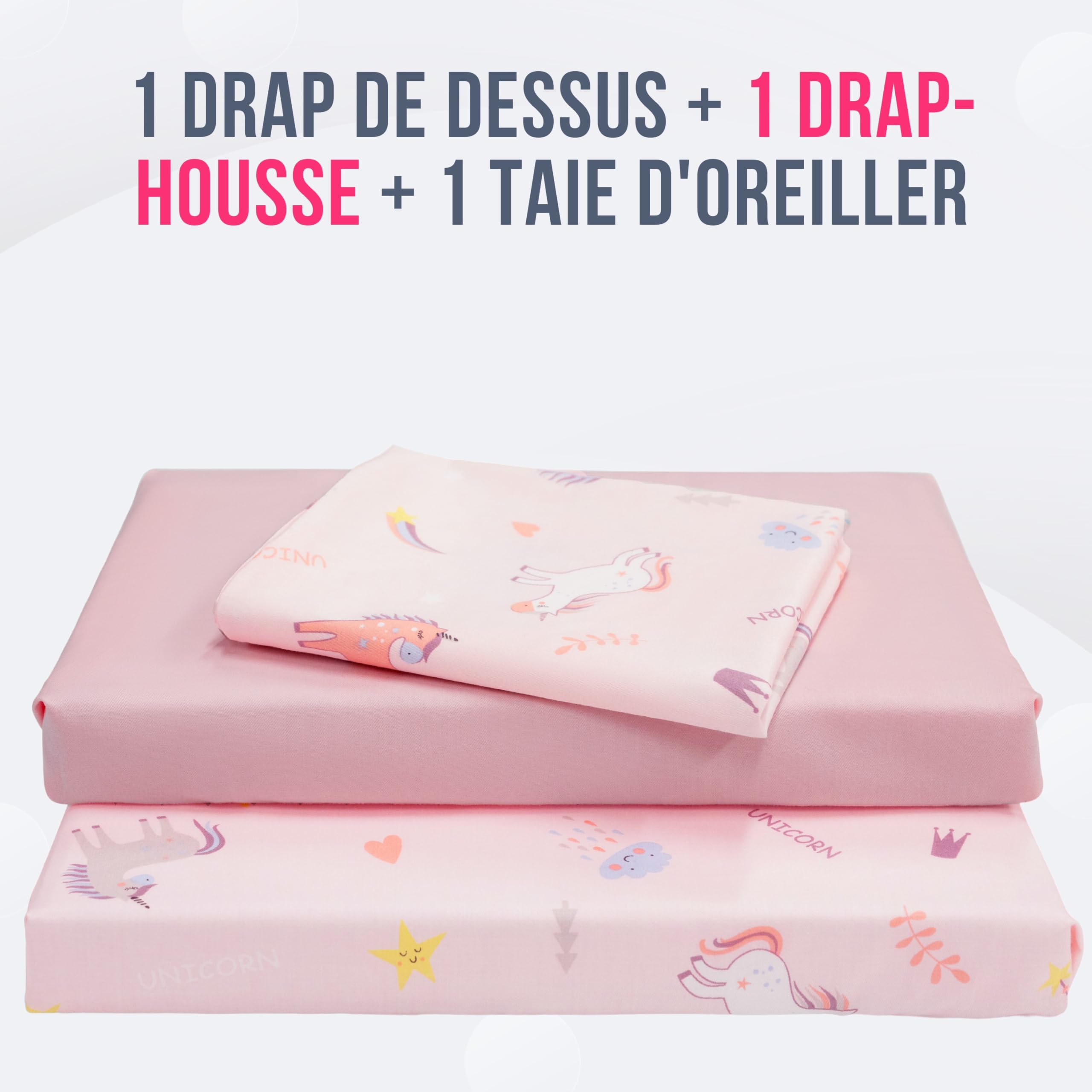GOYSILA Parure de Lit Montessori 70x140 cm 3 Pièces 100% Coton Oeko-TEX Motif Licorne | Drap Housse Drap de Dessus Taie d'oreiller | Linge de Lit Bébé Fille Respirant Douceur Chambre Enfant Rose