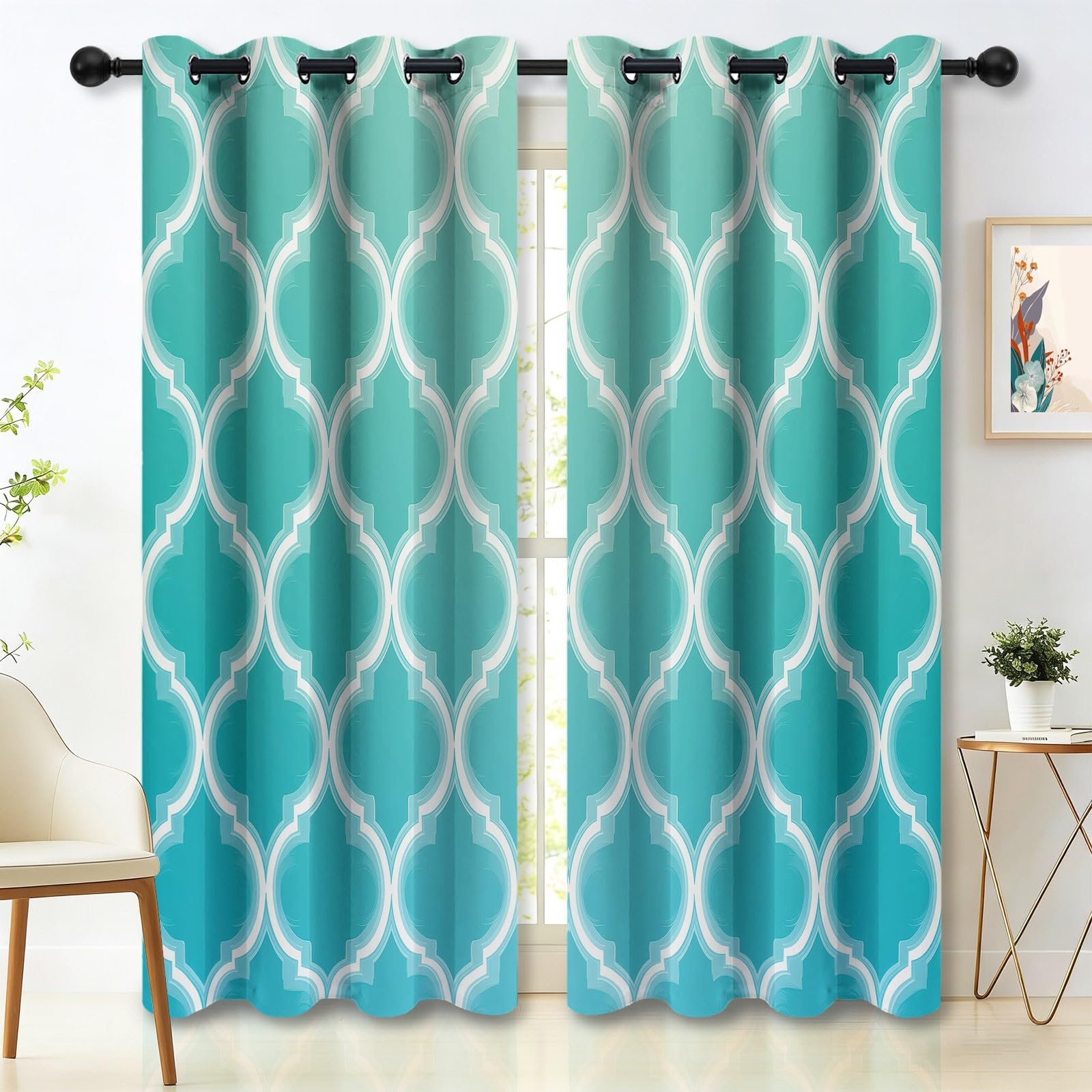 Rideau Isolan Carreaux géométriques Modernes 2 Rideaux Imprimé Thermiques Anti Froid/Chaleur Vert foncé avec Oeillets Élégant pour Salon Chambre Maison 91.5L X 214H cm (2 Panneaux)