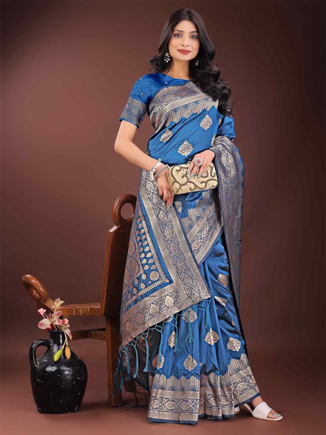Shiv Textiles Women's Silk Woven Saree(AUS-ASTAN1001-BLUE) 2
