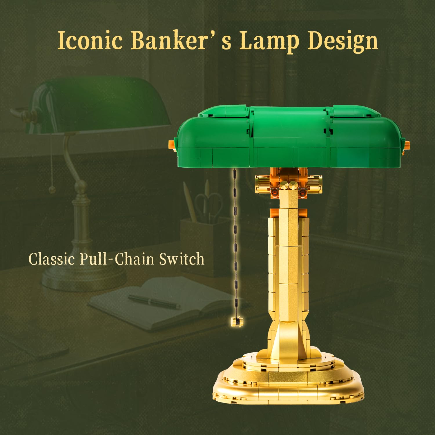 PANTASY Bankerlampe Bauset für Erwachsene, beleuchtetes Retro-Modell | Zugschalter mit Lichtfunktion und USB-C-Stromversorgung, grün-goldenes Retro-Display für Schreibtisch und Sammler
