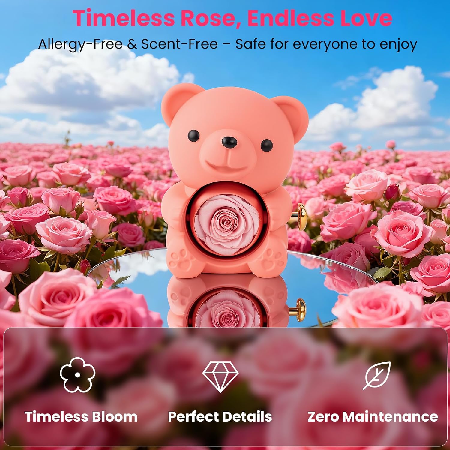 Teddy Bear with Preserved Rose Flower in Bear with Necklace and Box, Unique Mothers Day Gifts for Mom from Son Daughter (Pink+ Gift Box)