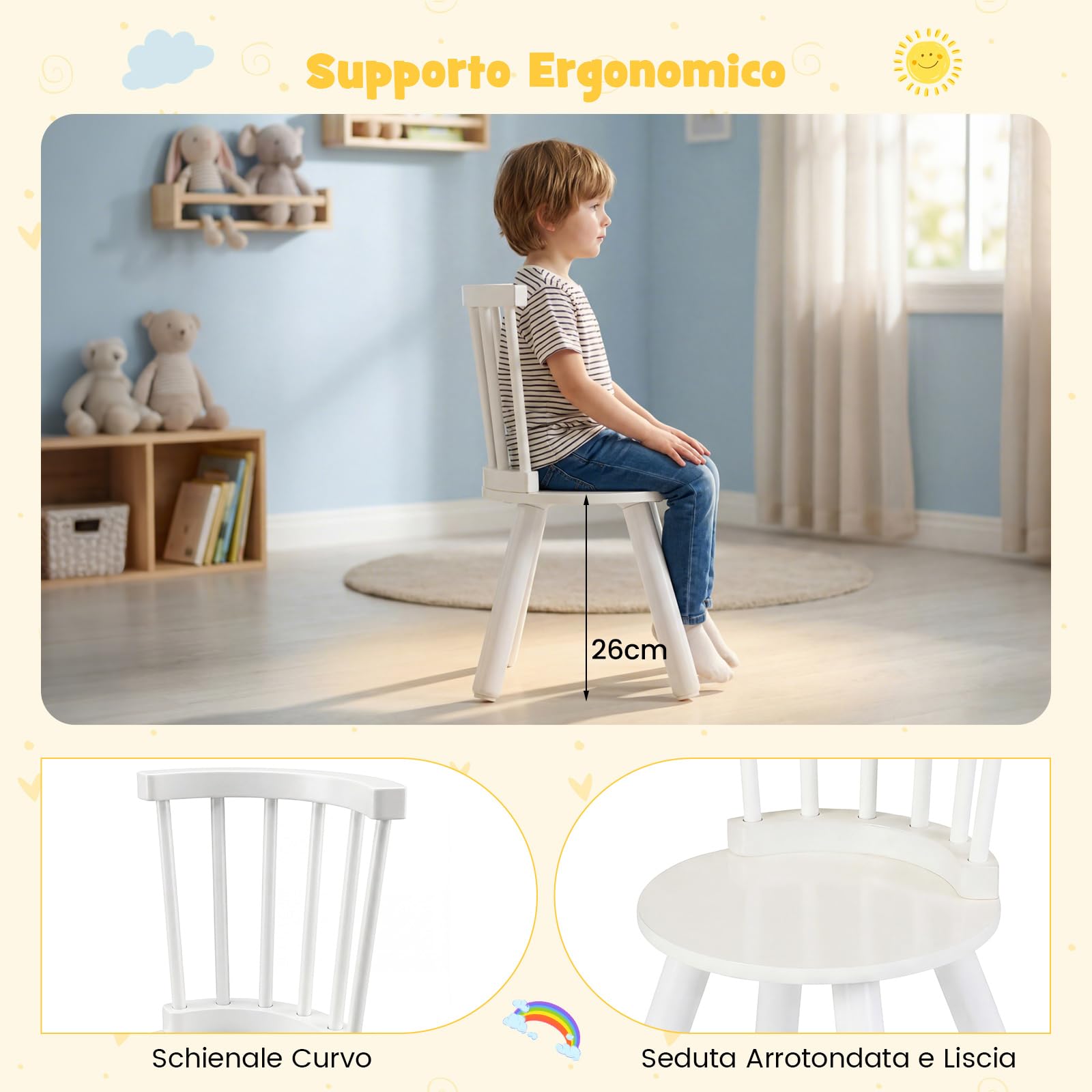 COSTWAY Set Tavolo e 2 Sedie per Bambini, Tavolo Attività con Schienali a Spindola Curvi, Sedute Rotonde e Gambe in Legno Massello, Tavolino per Bambini 3+ Anni per Disegno, Gioco e Studio (Bianco)