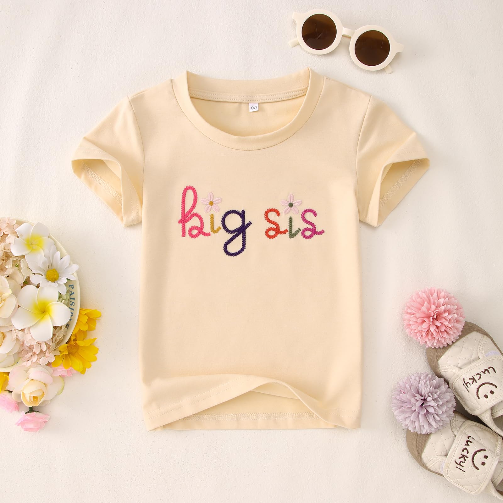 Big Sister T-shirt pour bébé avec inscription « Big Sis » pour bébé avec broderie Big Sis pour tout-petit - Propulsé à grande sœur - T-shirt d'été à manches courtes - Joli t-shirt en coton brodé