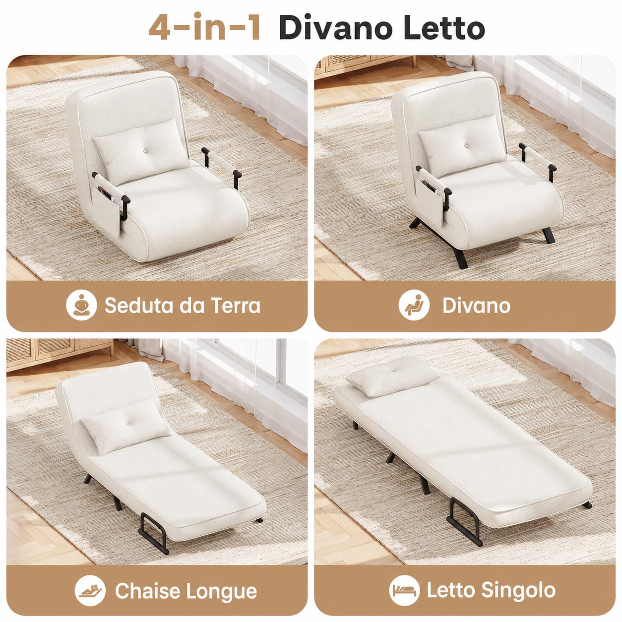 YOUDENOVA Poltrona Letto, Divano con Funzione Letto, Divano Letto con Schienale Regolabile, Divano con Tasche Appendibili, Divano Pieghevole, Letto per Ospiti, Chenille, 190 x 69 cm, Beige