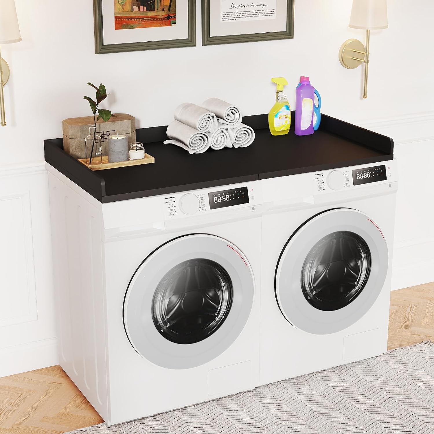 Washer Dryer Countertop 27.5" x 54" Wooden Laundry Countertop Over Washer and Dryer, Black Laundry Topper Washer and Dryer Covers for The Top Folding Clothes Room Organization