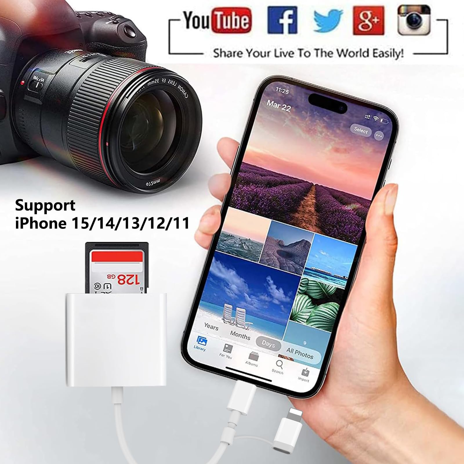 Lettore Schede SD iPhone, [Certificato Apple MFi] 2 in 1 Lettore SD iPhone, Lightning SD Card Reader, Lettore Scheda SD iPhone, Adattatore Scheda SD per iPhone, SD Card Reader per iPhone iPad