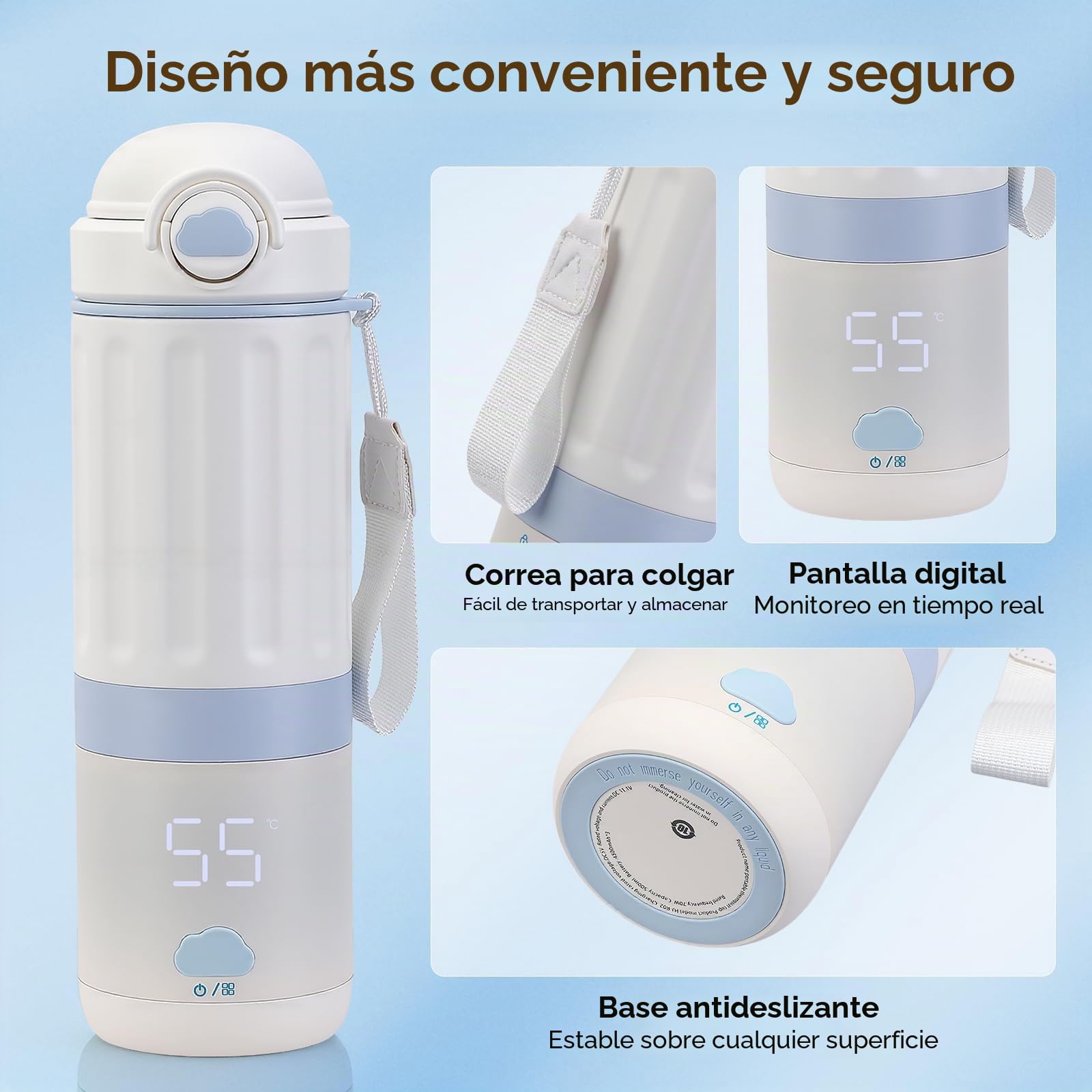 Calienta Biberones Portátil 13500mAh, 5 Temp, Acero 316, Pantalla Calentador de botellas de viaje | Sin BPA, mantiene calor, antiderrames, calentamiento 360°, fácil limpieza, apagado automático, 24-30h, USB-C, viaje/coche