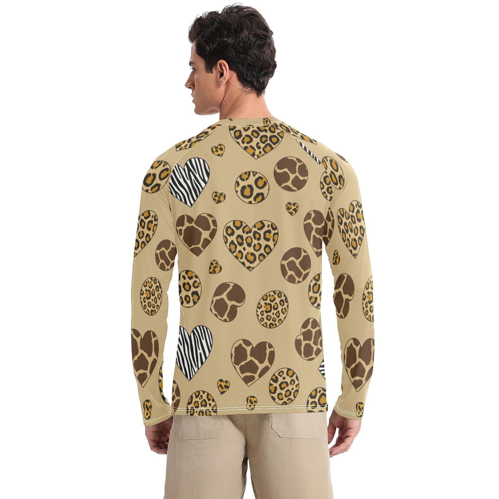 UPF 50+ Men's Rash Guard Quick Dry Long Sleeve Beach T-Shirts UV Sun Protection Sun Shirts, Animal Print Hearts Zebra Brown, XX-Large