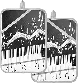 2 Pack Pot Holders, Music Piano Musical Notes 7x9.8 inch Heat Resistant Oven Mitts Gloves Hot Pads with Non-Slip Pockets, 170C Heatproof Potholder Set for Kitchen, BBQ, Microwave, Table Pro