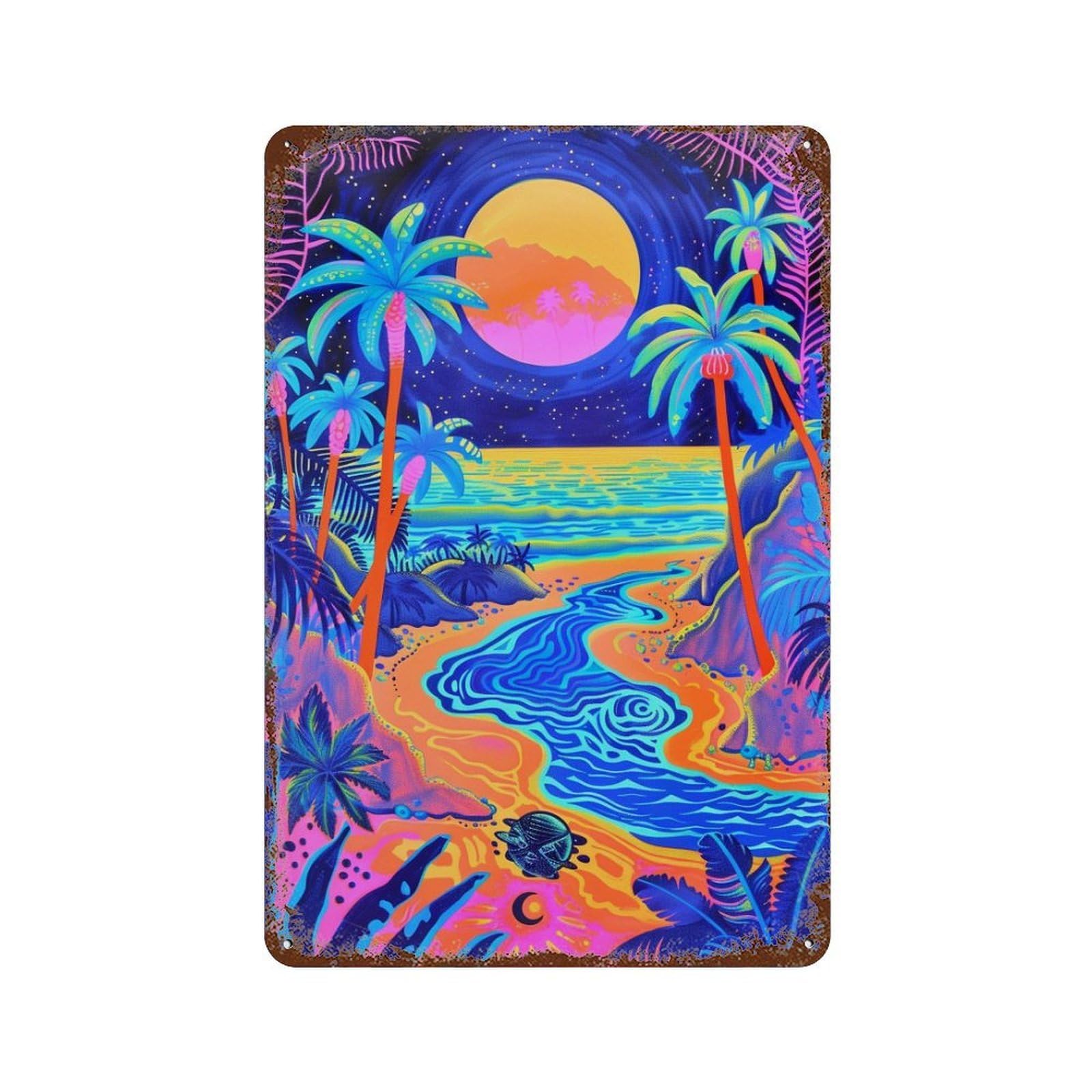 Neon Beach Sunset Art Print Rust Effect Tin Sign 11.8"x7.9", Farmhouse Wall Decor for Living Room, Hallway And Home Decor