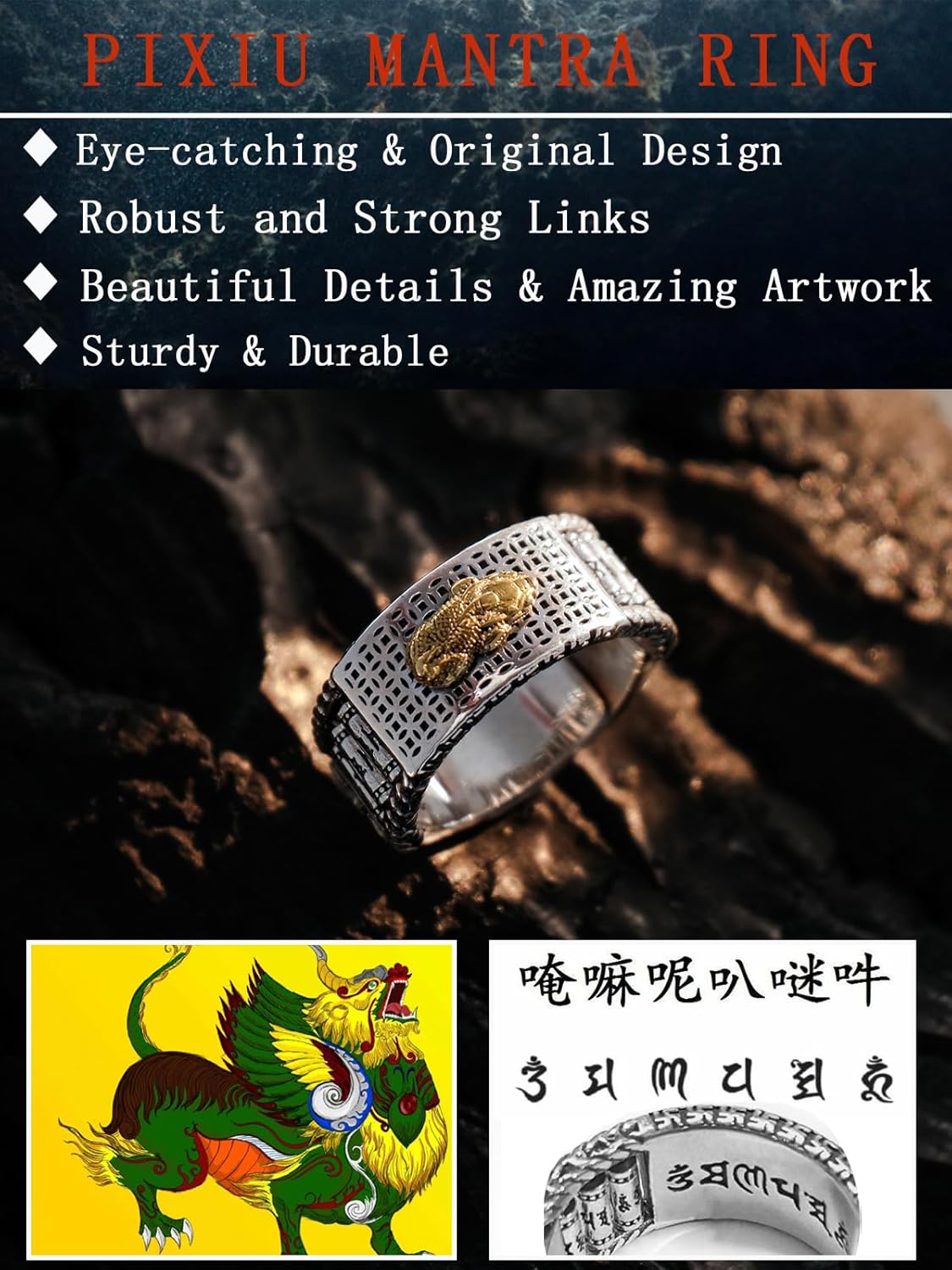 Seiyang Feng Shui Ring 925 Stering Silver Pixiu Mantra Ring Protection Wealth Adjustable Rings Gift for Men Women (with Gift Box) - Image 3