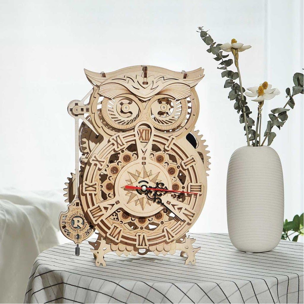 Robotime 3D Puzzle Holzbausatz Owl Clock Eulenuhr mit Beleuchtung, 161 Teile, Größe: 20,6 x 12,8 x 26,5 cm, LK503