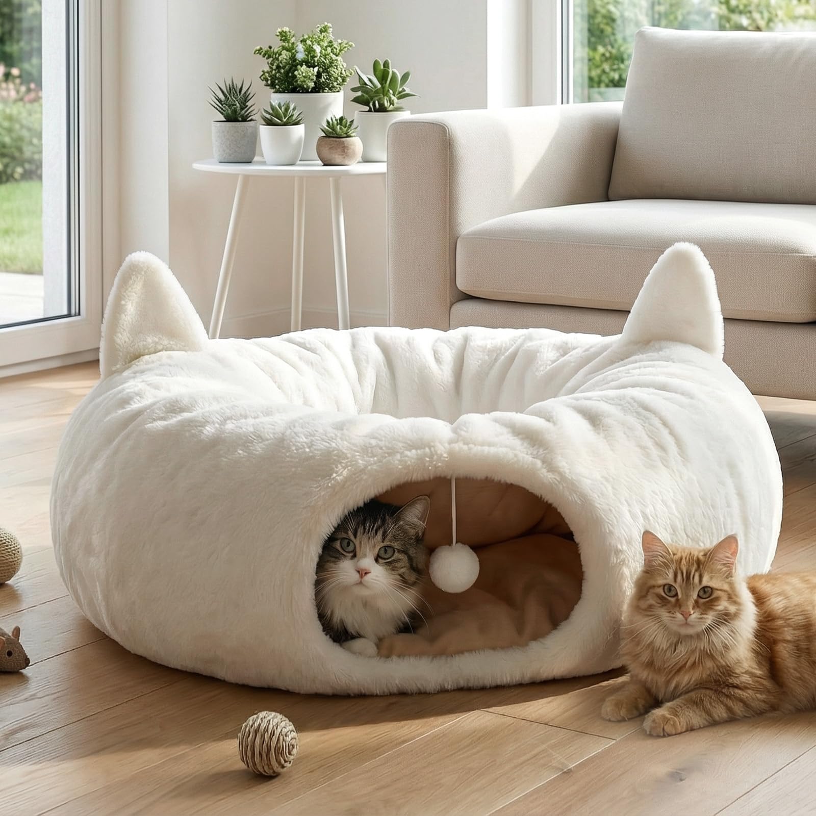 Katzentunnel Rund Weiß mit Katzenbett, Weicher Plüsch Katzen Donut Tunnel Spielzeug mit Waschbarem Kissen, Peekaboo Katzenhöhle Spieltunnel XXL für Indoor Katzen & Haustiere