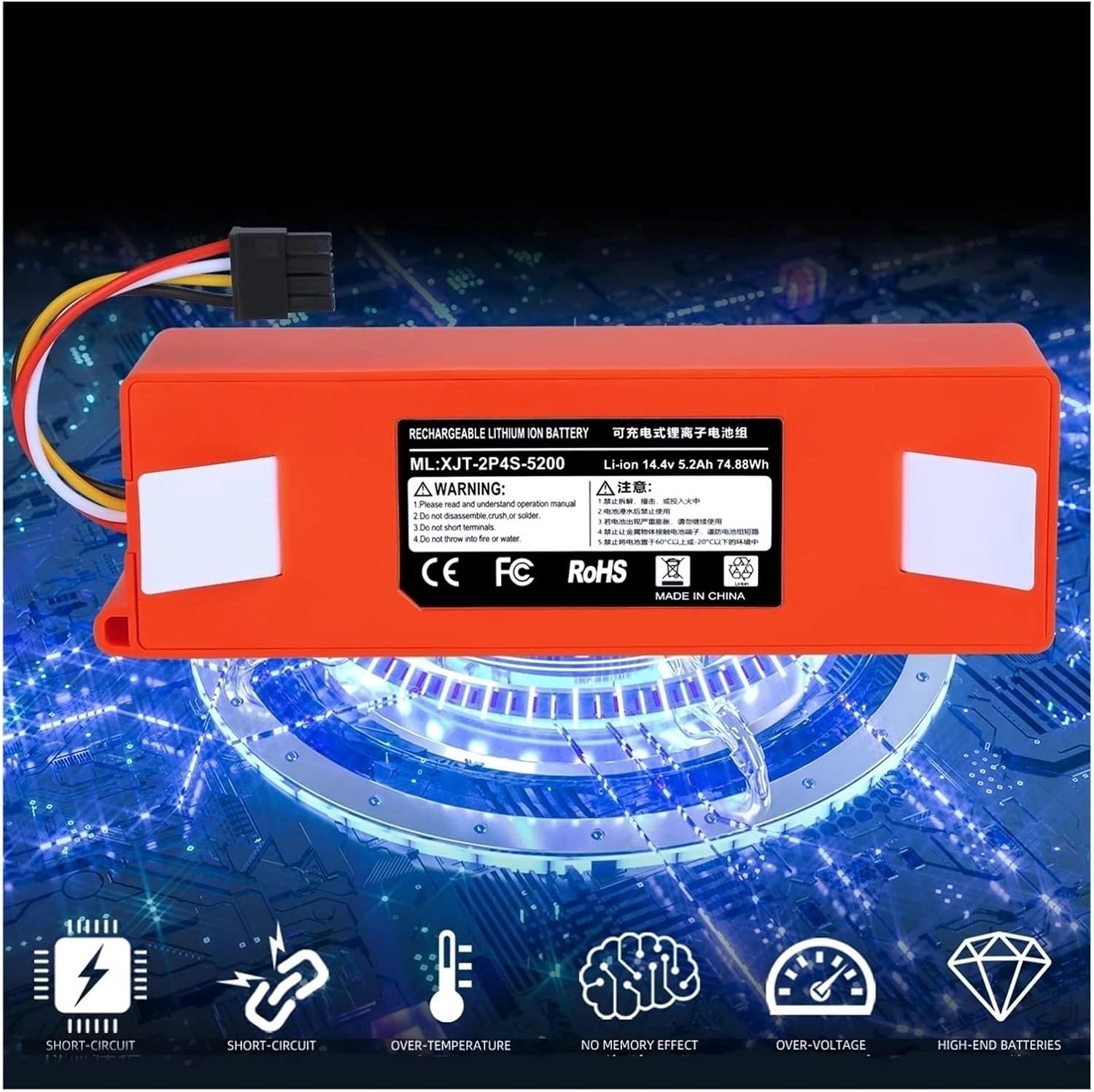 14.4V 5200mAh Li-ion Battery Replacement，Compatible for ROBOROCK Vacuum Cleaner S50 S55 S60 S65 S5MAX S6 S7 Q5 Q7 MAX S7 MAXV(1pcs 5200mah)
