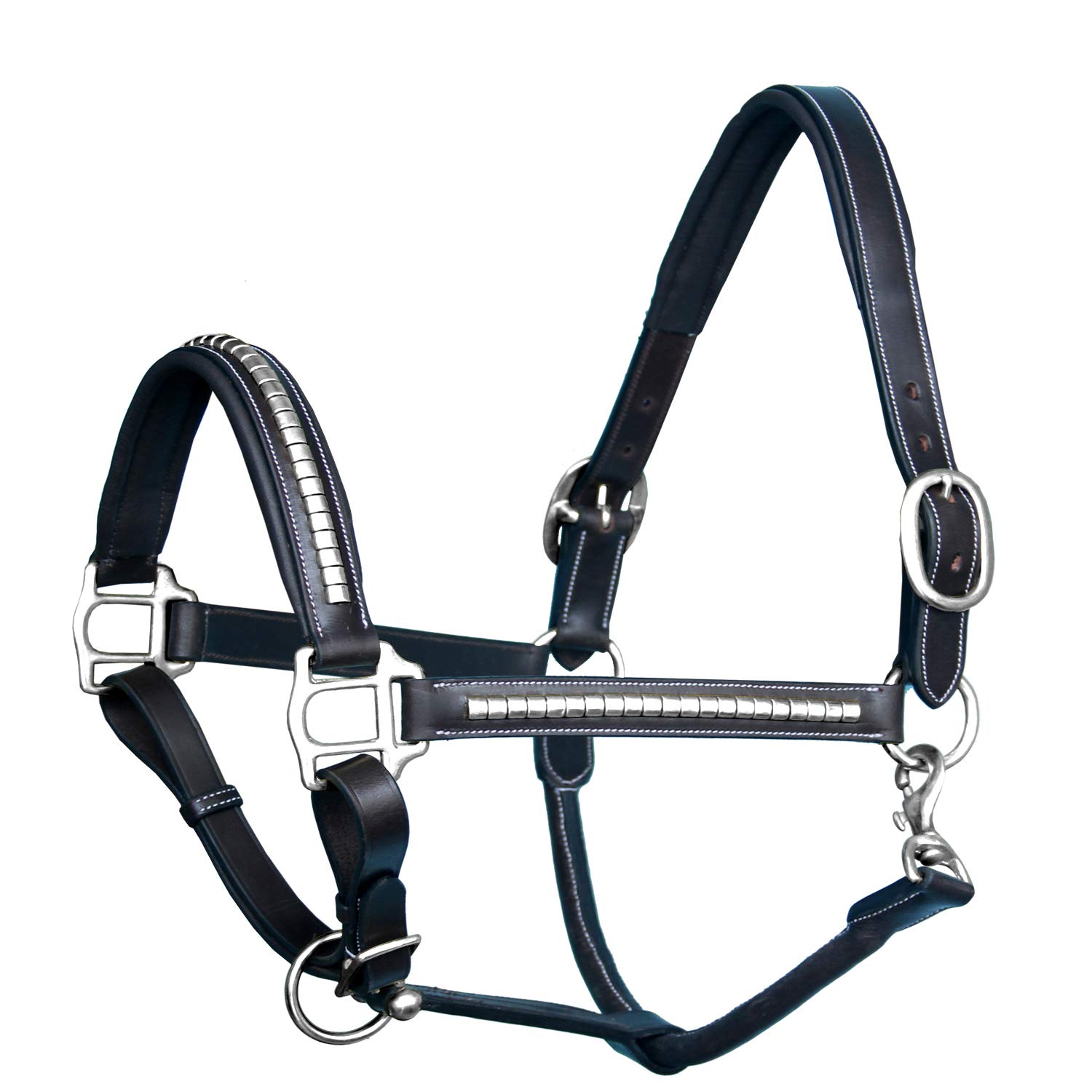 Exion Cavezza per cavallo in pelle di lusso con borchie clinker, corona anatomica e capezzina imbottita confortevole, chiusura a scatto a sgancio rapido, pelle conciata al vegetale in nero/marrone
