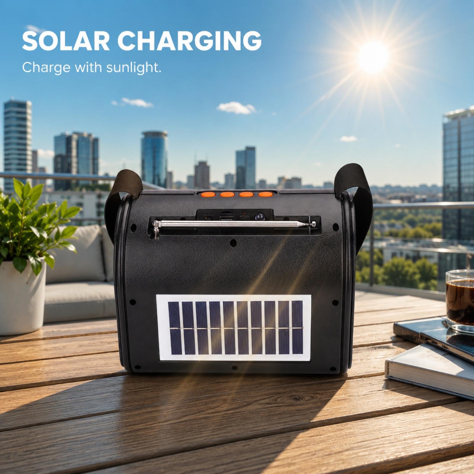 Altoparlante, grande boombox Bluetooth portatile con batteria ricaricabile, con funzione solare e radio, fino a 20 ore di autonomia, USB-C, ingresso AUX integrato, nero
