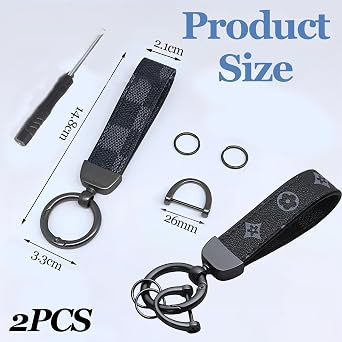 2 PCS Genuine Leather Car Keychain, Universal Key Fob Keychain Leather Key Chain Holder, with Anti-lost D-ring, 360 Degree Rotatable, Black Car Keyring for Men and Women