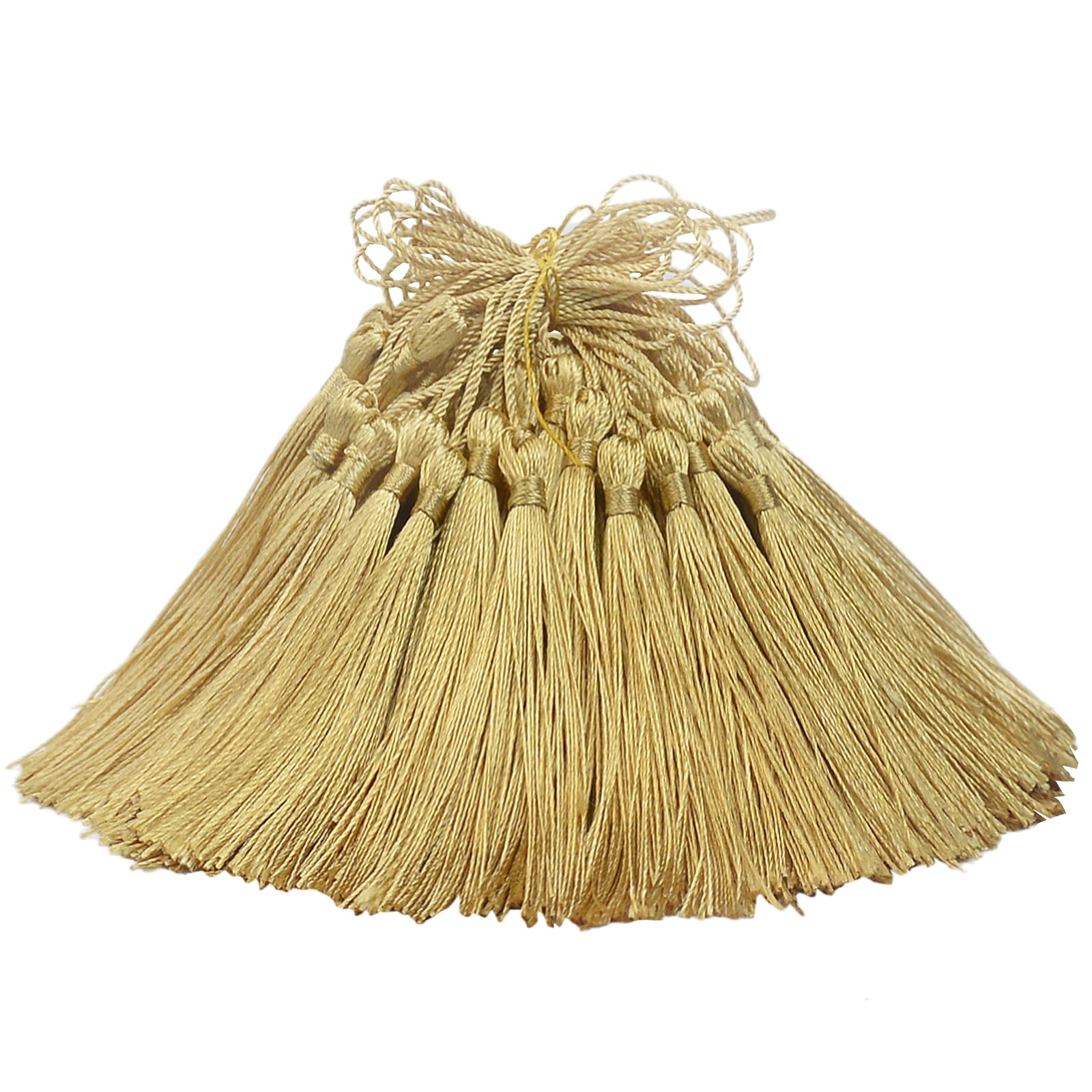 100 Pcs Silky Handmade Craft Tassels Trim Mini Pendant for DIY Cute Resin Bookmark, Jewellery Making, Key, Girl Earring, Keyring, Graduation Hat, Ribbon Sewing, Curtain, Home Decor (Gold)