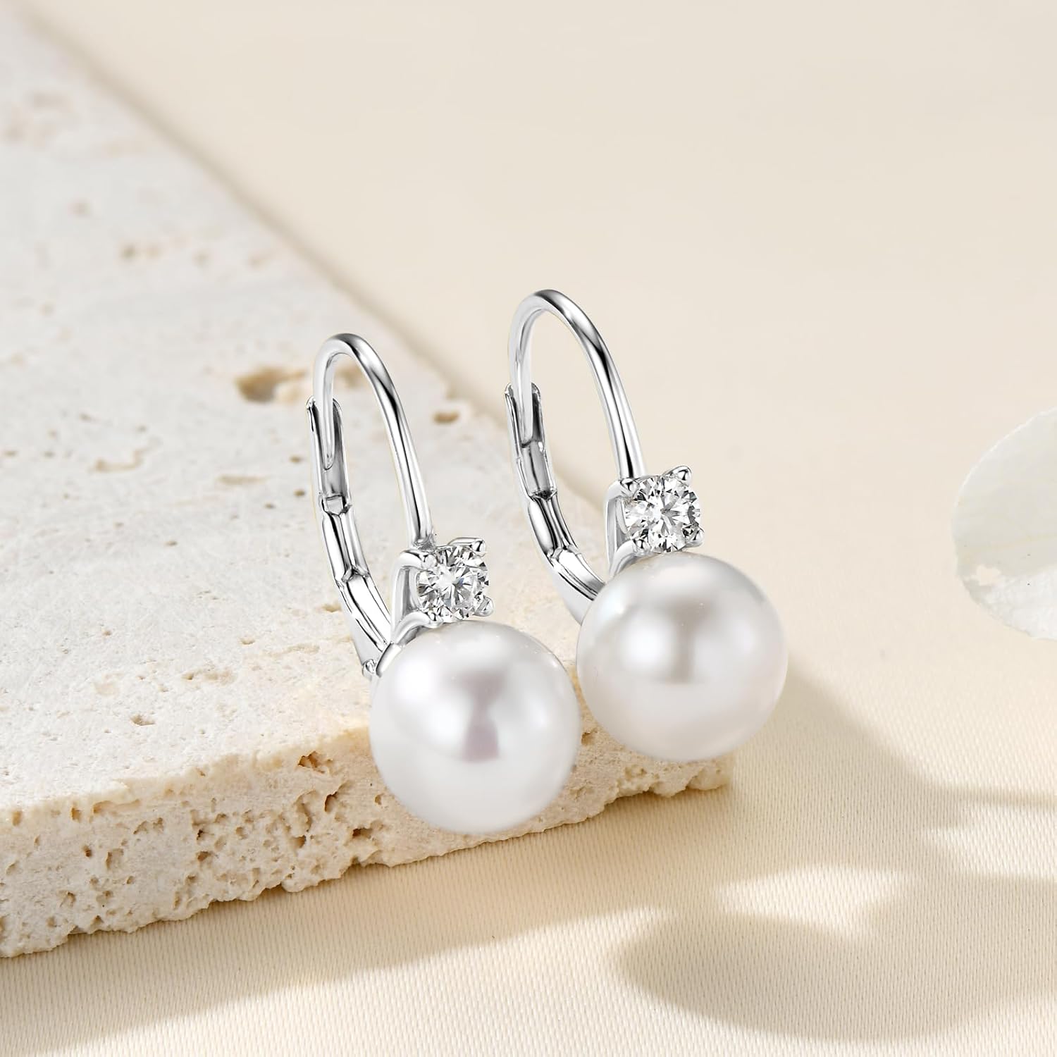 Pearl Hoop Earrings for Women, Sterling Silver Freshwater Cultured White Pearl Drop Dangle Earring Wedding Jewelry Gifts for Bride