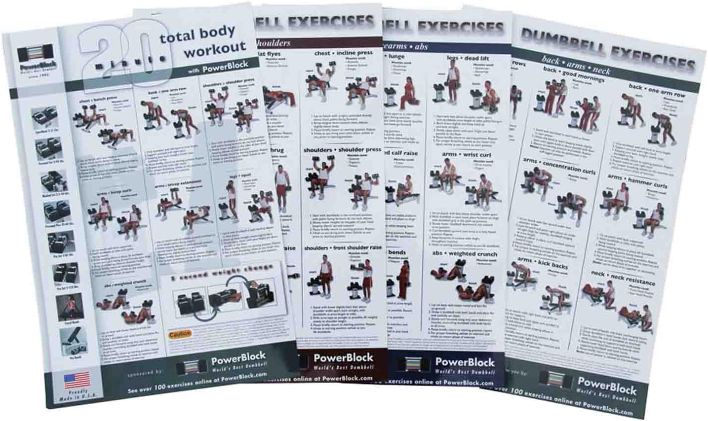 PowerBlock Exercise Poster 3-Pack, 18” x 24” Each, 20-Minute Total Body Workout & 2 Dumbbell Workout Posters, Strength Training, Home Gym Posters, Use Adjustable Dumbbells
