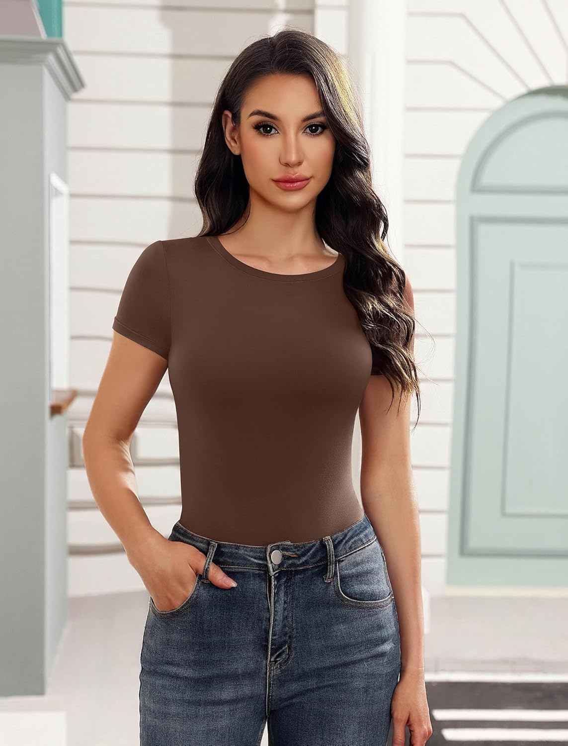 Avidlove Women's Short Sleeve Bodysuit Crew Neck Thong Body Suits Basic T-shirts Body Suit Going Out Top Outfits