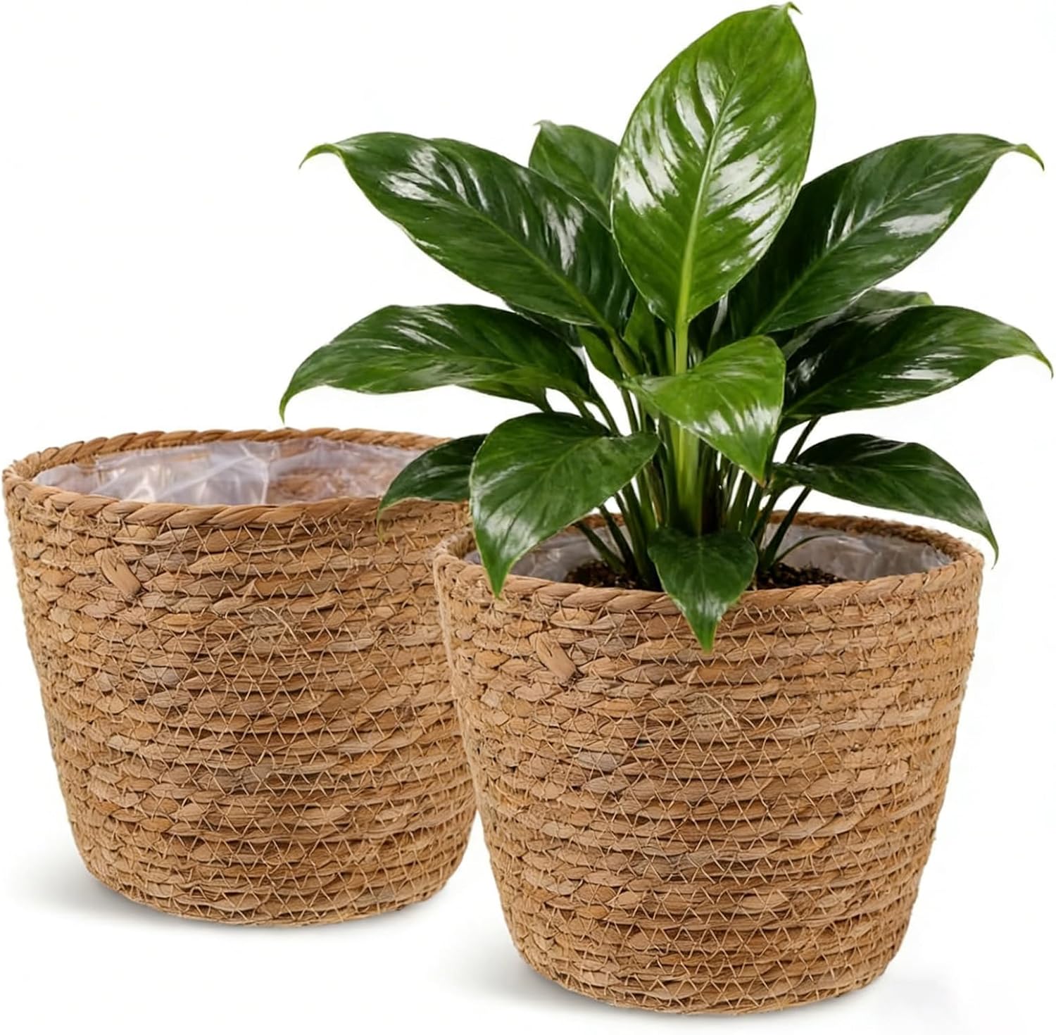 2PCS Seagrass Plant Basket for Indoor and Outdoor,Rattan Large Planter Basket with Liner for 6 inch Pot,Wicker Plant Pot Covers for Potted Plants,Woven Storage Baskets for Rustic Boho Farmhouse Decor