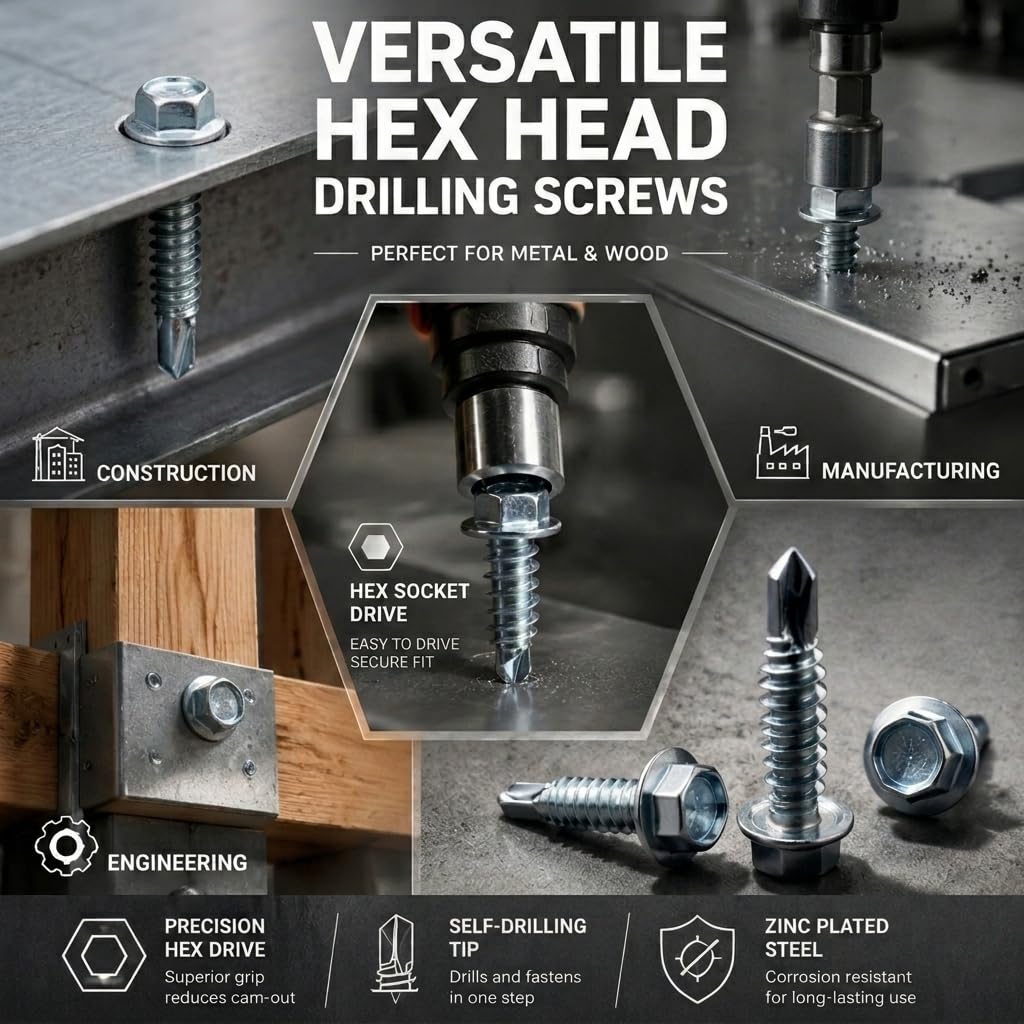 1/4” x 1”with 3/8” Head Self-Drilling Screws Hex Washer Self Tapping Screws