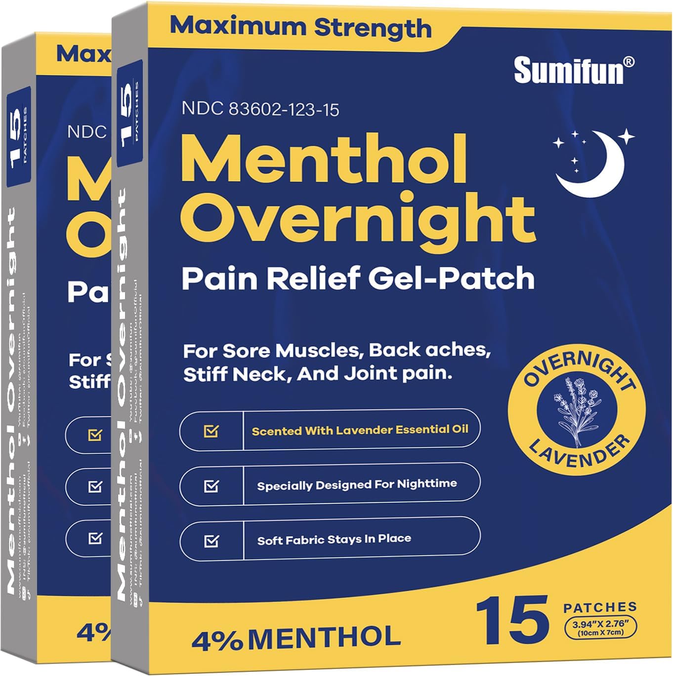 Sumifun Overnight Pain Relief Patches - Cold Hot Pain Patch with Lavender Scent - Menthol Pain Reliver for Knee & Lower Back Pain Relief Sore Muscle Relief (15 Counts(Pack of 2), Lavender)