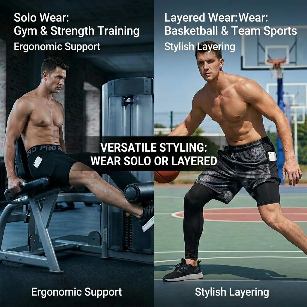 Sanke 2 Pack One Leg Compression Tights Men for Basketball with Pocket Long Pants Running Leggings Athletic Baselayer