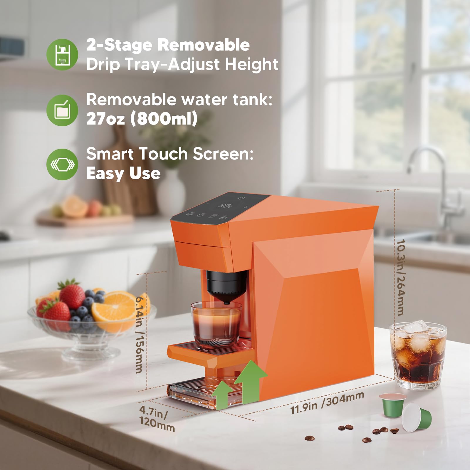 Máquina de café 4 en 1 desechable, 19 bar para cápsulas KCup Capsules/Nespresso OriginalLine/Dolce Gusto/Ground Coffee, naranja vibrante