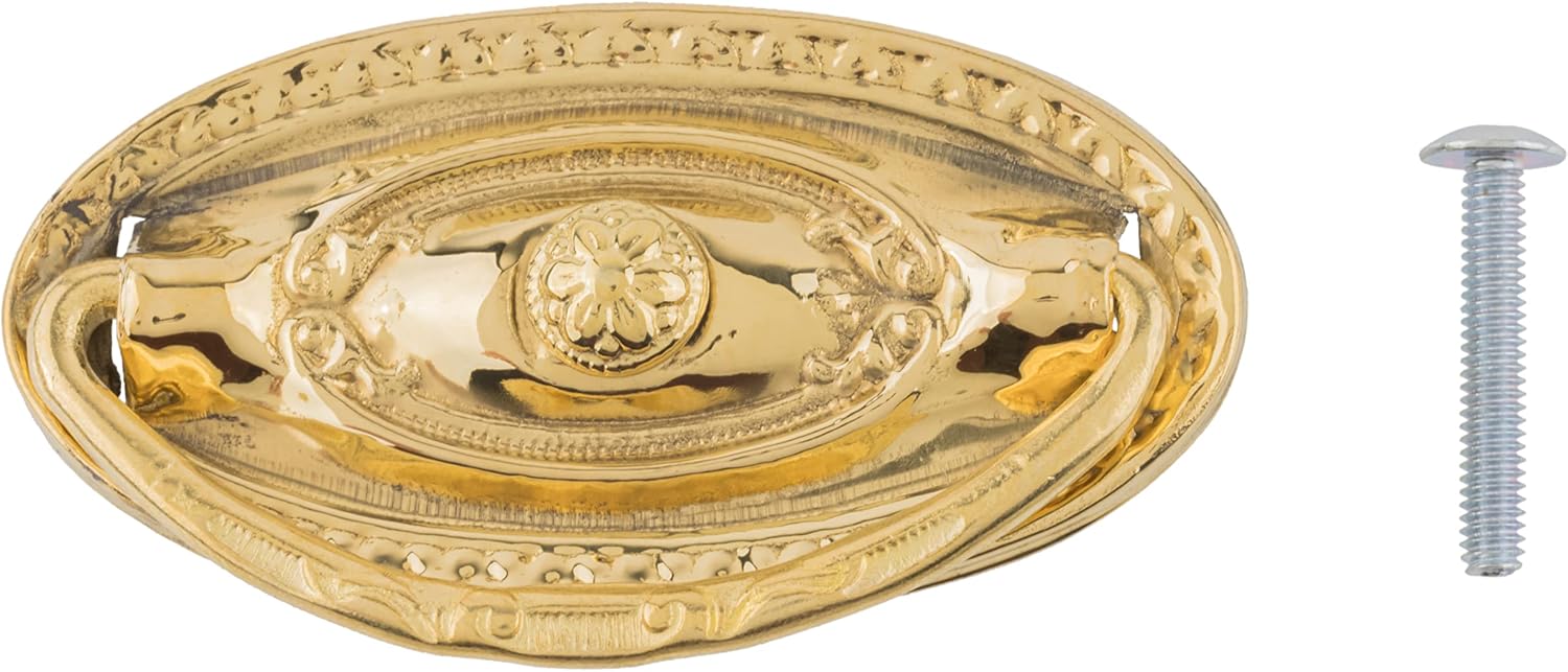 Colonial Revival Large Oval Brass Drawer Pull | Center Mount | Vintage Handle for Antique Cabinet Door, Dresser Drawer, Desk | Furniture Reproduction Hardware | UA-865-PLOB