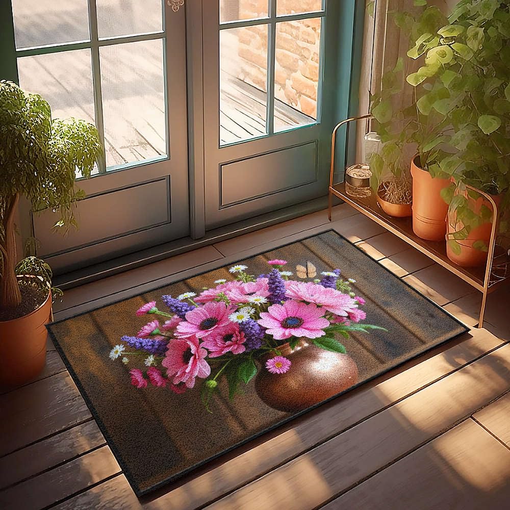 Tapis paillasson fleurs roses en vase grand format durable