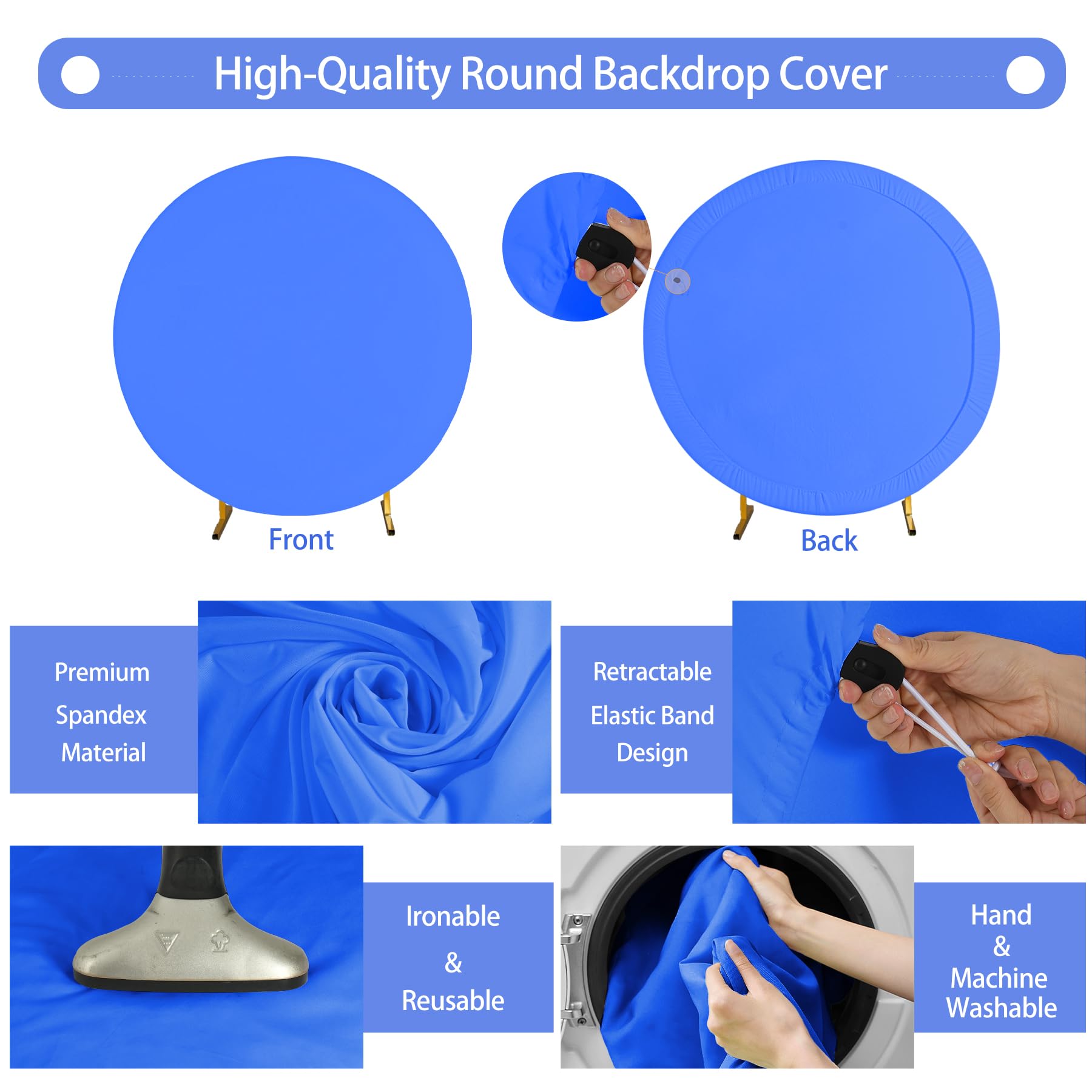 GALLETY Royal Blue 7.2FT Round Backdrop Cover for 5-7.2ft Stands - Polyester Adjustable Arch Decoration for Wedding, Party, Photography
