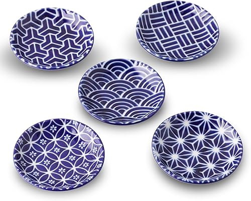Miniatura 2 de Indigo Dyeing - Juego de 5 platos pequeños con patrón japonés, platos de salsa de soja, platos de condimentos, platos de aperitivos, con caja de