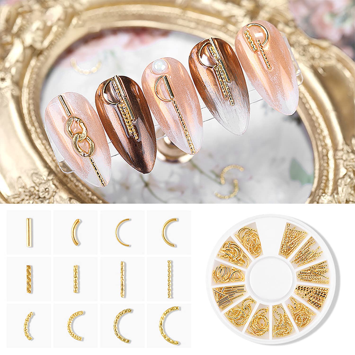 6 Boxes Gold Nail Charms for Acrylic Nails, Hollow Nail Studs - Star, Geometry, Heart, Metal Nail Art Charms Nail Jewels Charms for Nails 3d Nail Art Decoration