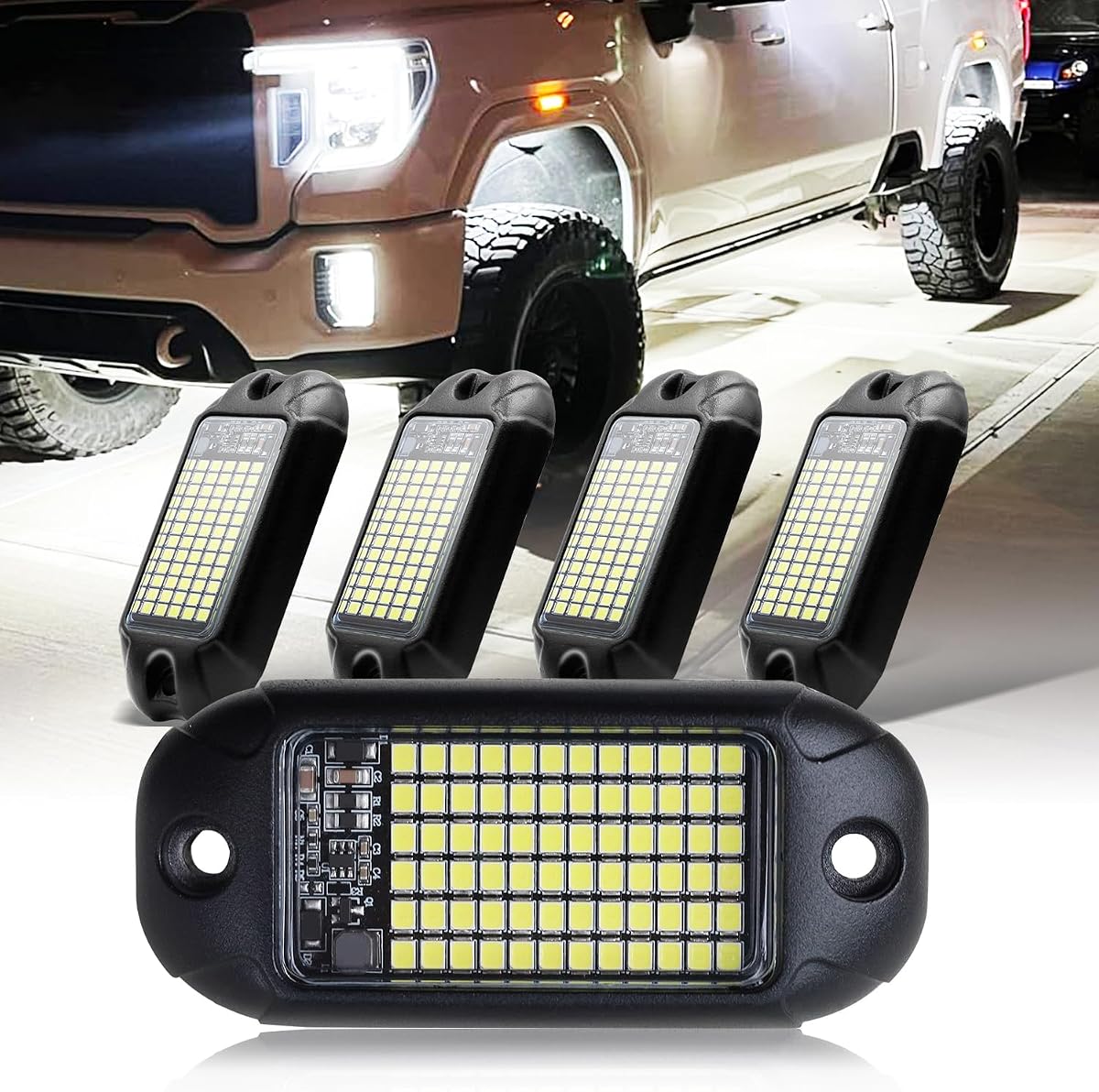 Nicoko 4Pods Pure White 72 LEDs SMD Chips 72w High Power Rock Lights Super Bright White Offroad Car Boat Underglow Lights IP68 Waterproof for Truck SUV UTV ATV RZR