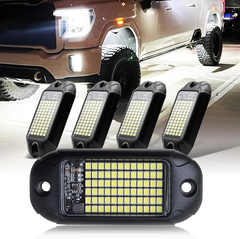 Nicoko 4Pods Pure White 72 LEDs SMD Chips 72w High Power Rock Lights Super Bright White Offroad Car Boat Underglow Lights IP68 Waterproof for Truck SUV UTV ATV RZR