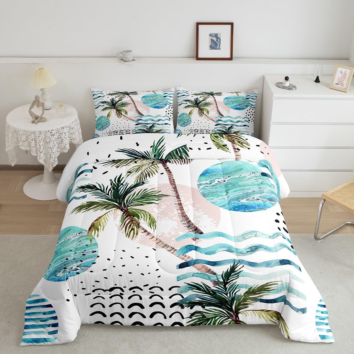 Homewish Palm Tree Comforter Set Queen Size Black Dots