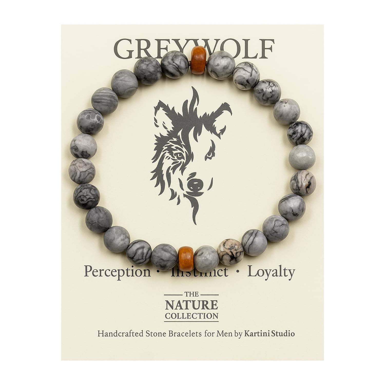 Kartini Studio Natural Stone Bracelet, Grey Wolf Bracelet, Grey Stone Bead Jewelry, Wolf Information Card
