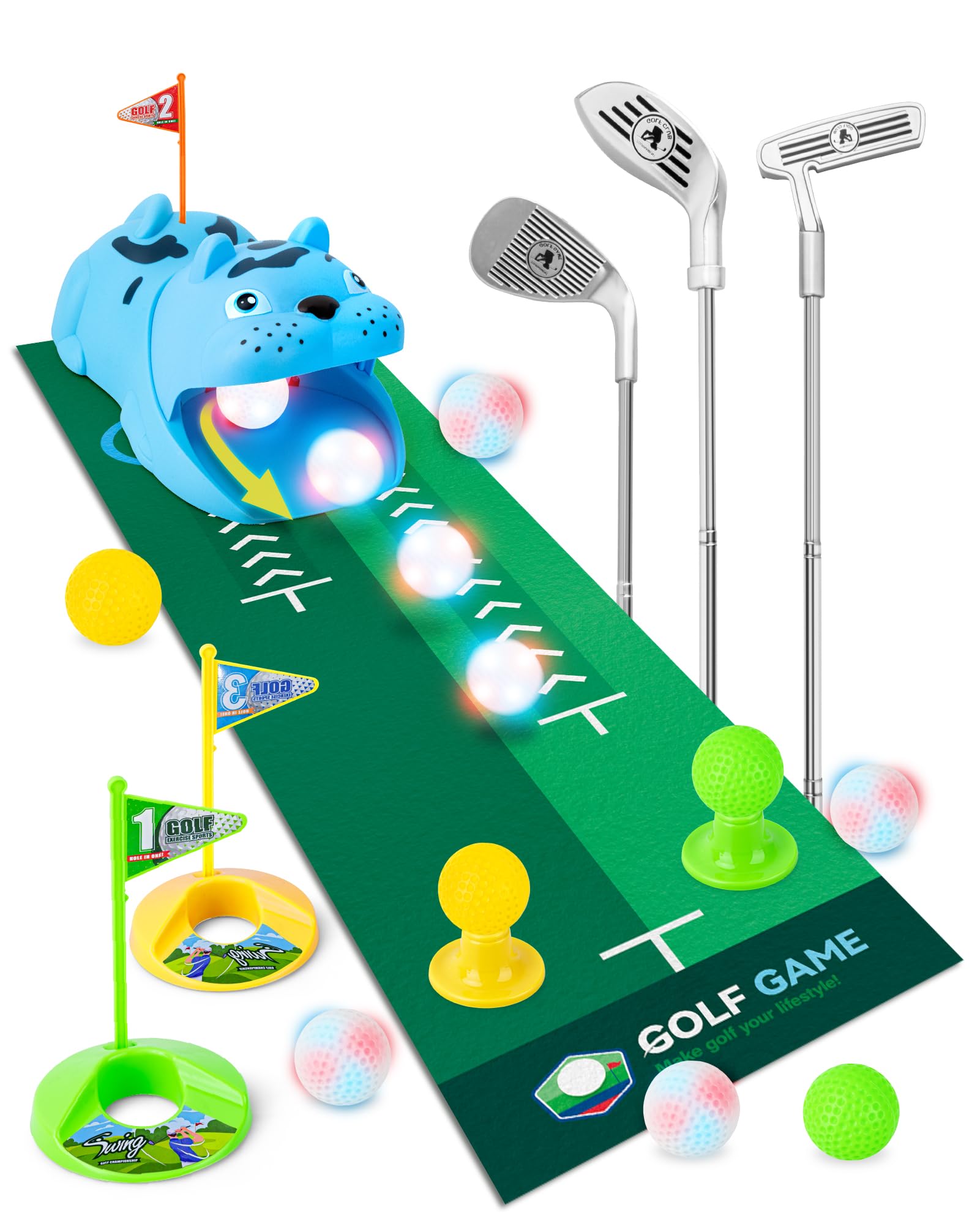 Set de Mini Golf para Niños con Devolvedor Automático de Bolas, Juegos de Golf Interior y Exterior con Pelotas Noctilucent Luminosa LED, 3 Palos Telescópicos, Regalo para Niños y Niñas desde 3 Años